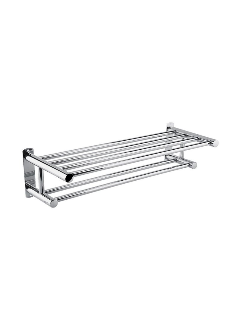 RACK STORE - Bathroom Lavatory Towel Rack 2 Layer With 2 Towel Bars With Hooks Stainless Steel Wall Mount Shelf Shower Caddy No Drilling And No Screw - Image 1