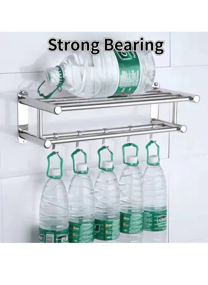 RACK STORE - Bathroom Lavatory Towel Rack 2 Layer With 2 Towel Bars With Hooks Stainless Steel Wall Mount Shelf Shower Caddy No Drilling And No Screw - Image 1