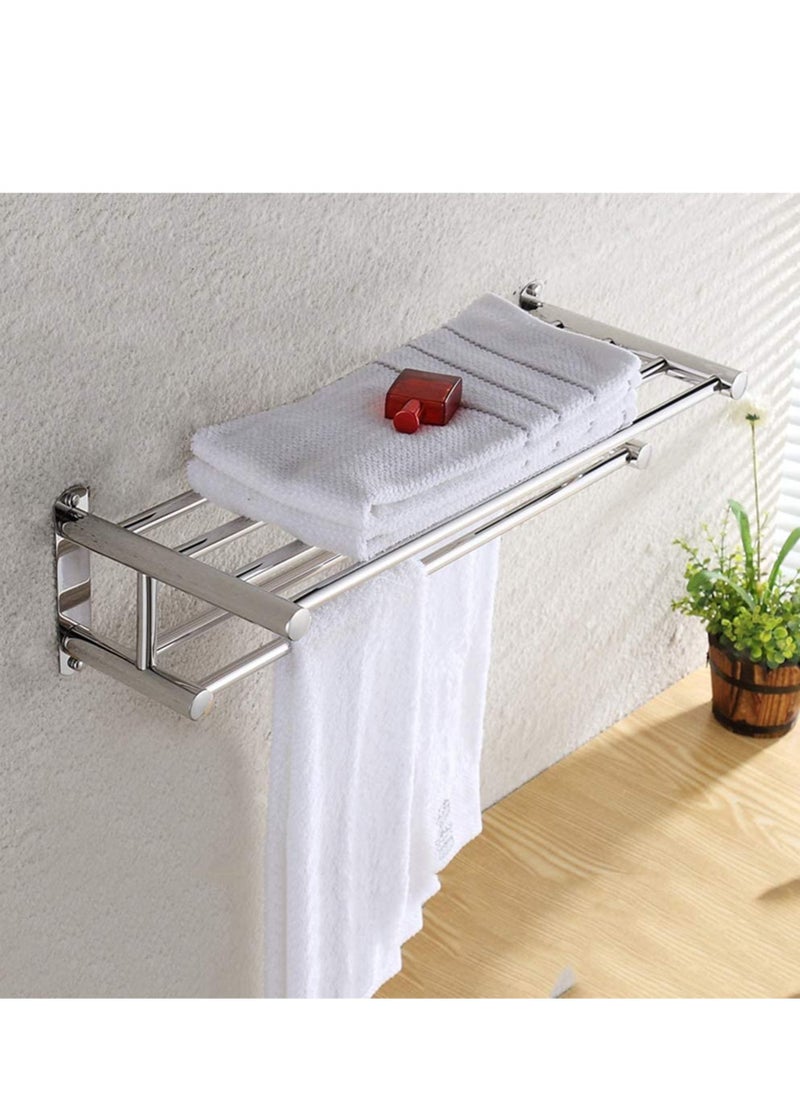 RACK STORE - Bathroom Lavatory Towel Rack 2 Layer With 2 Towel Bars With Hooks Stainless Steel Wall Mount Shelf Shower Caddy No Drilling And No Screw - Image 1