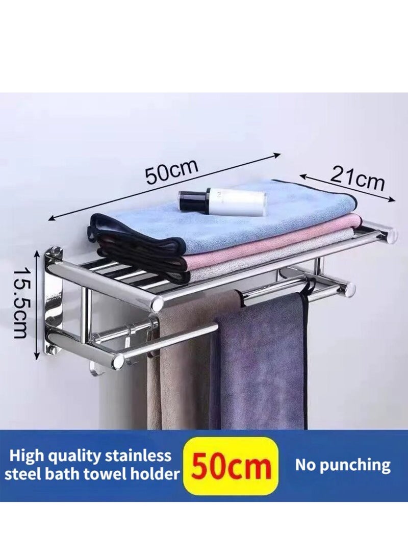 RACK STORE - Bathroom Lavatory Towel Rack 2 Layer With 2 Towel Bars With Hooks Stainless Steel Wall Mount Shelf Shower Caddy No Drilling And No Screw - Image 1