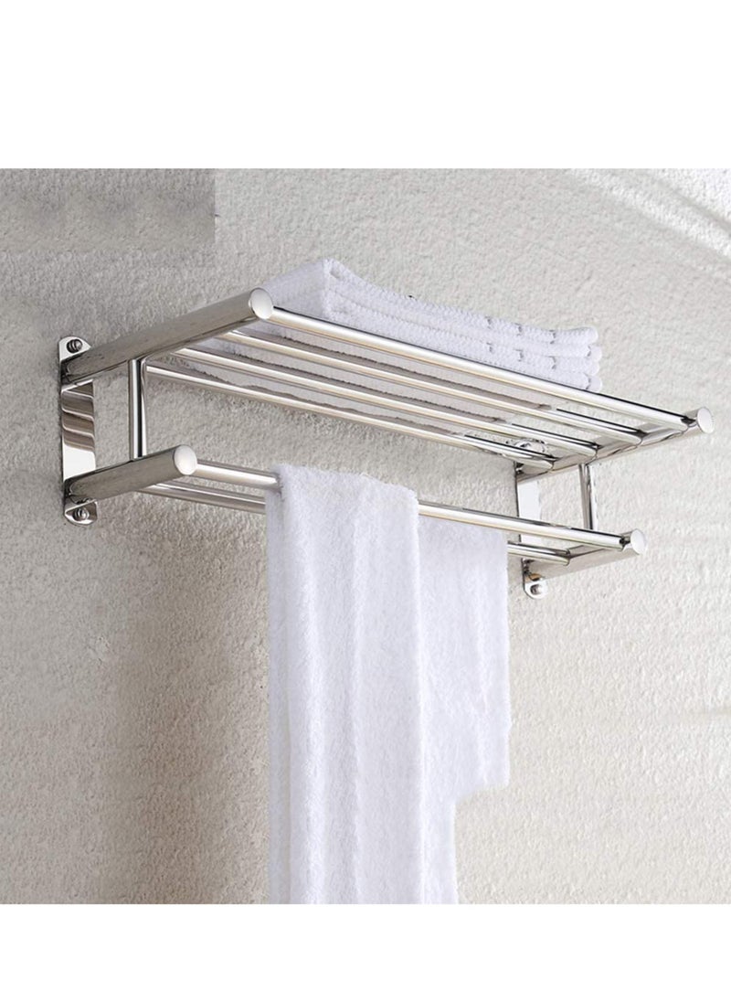 RACK STORE - Bathroom Lavatory Towel Rack 2 Layer With 2 Towel Bars With Hooks Stainless Steel Wall Mount Shelf Shower Caddy No Drilling And No Screw - Image 1