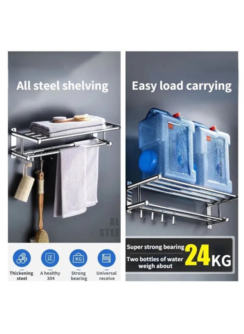RACK STORE - Bathroom Lavatory Towel Rack 2 Layer With 2 Towel Bars With Hooks Stainless Steel Wall Mount Shelf Shower Caddy No Drilling And No Screw - Image 1