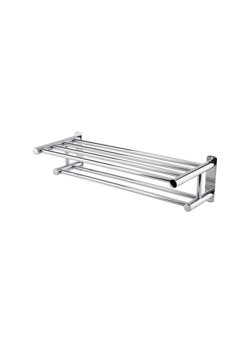 RACK STORE - Bathroom Lavatory Towel Rack 2 Layer With 2 Towel Bars With Hooks Stainless Steel Wall Mount Shelf Shower Caddy No Drilling And No Screw - Image 1