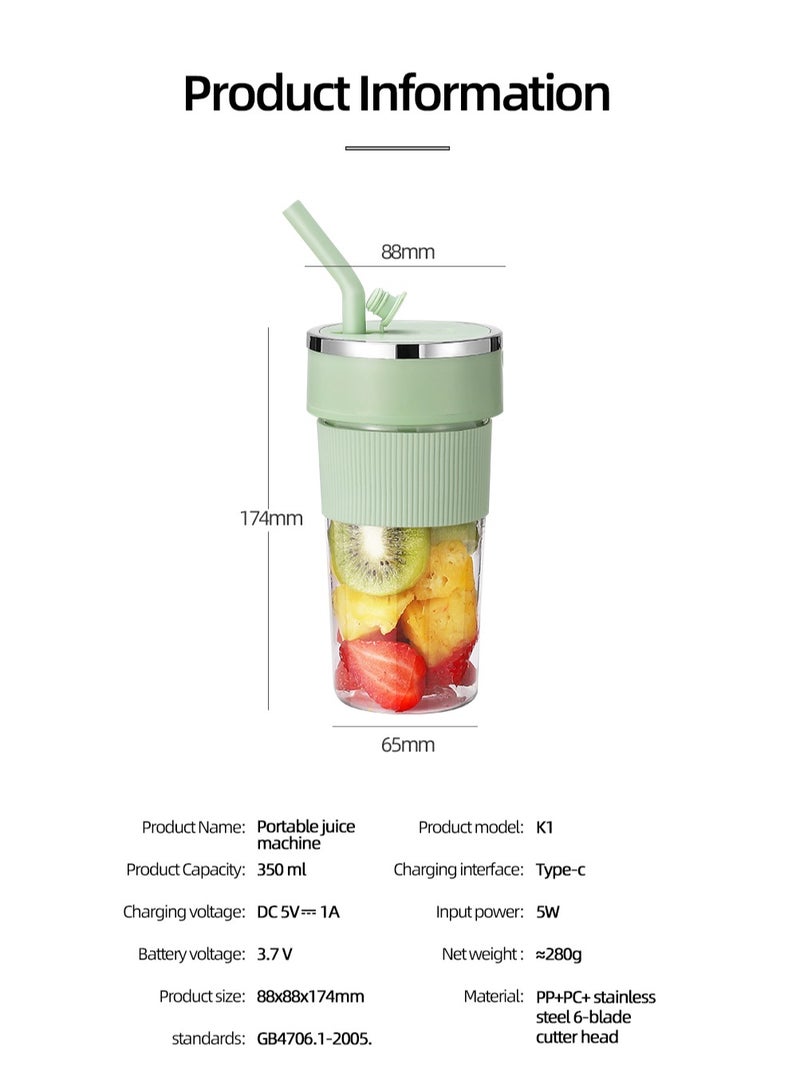 Portable Wireless Juicing Cup - 350ml Electric Sports Blender with 6 Stainless Steel Blades, USB Rechargeable, Dual Speed, Direct Drinking & Ice Crushing, Large Capacity Juice Maker for Home Office Travel Fitness（K1-Green）  - Image 2