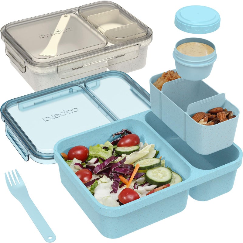 Caperci 2 Pack Salad Container for Lunch - 62 oz Large Bento Lunch Box for Adults, 2-Compartment Meal Prep Container with Removable Toppings Tray, Sauce Cup, Reusable Fork, BPA-Free (Blue & Tofu) - Image 1