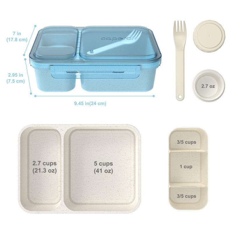 Caperci 2 Pack Salad Container for Lunch - 62 oz Large Bento Lunch Box for Adults, 2-Compartment Meal Prep Container with Removable Toppings Tray, Sauce Cup, Reusable Fork, BPA-Free (Blue & Tofu) - Image 5