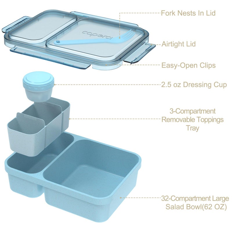 Caperci 2 Pack Salad Container for Lunch - 62 oz Large Bento Lunch Box for Adults, 2-Compartment Meal Prep Container with Removable Toppings Tray, Sauce Cup, Reusable Fork, BPA-Free (Blue & Tofu) - Image 4