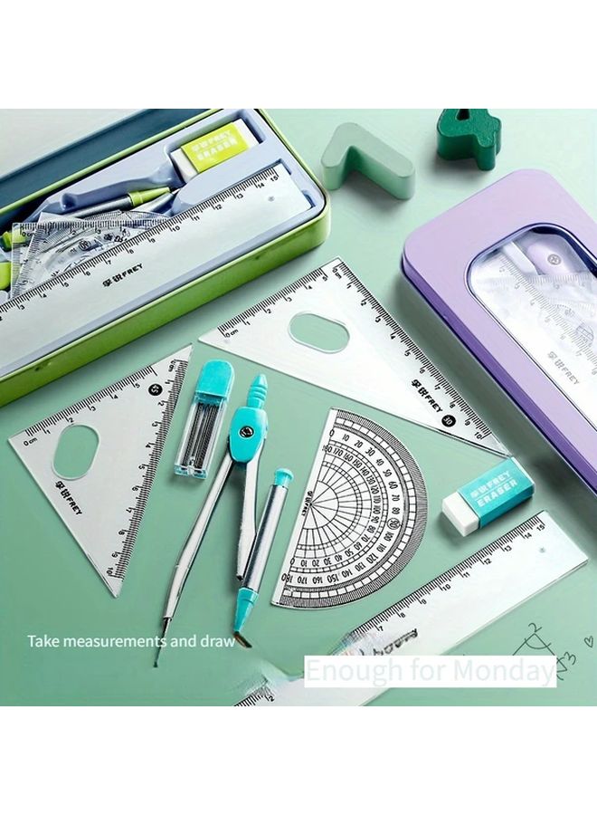Purple 7 in 1 Drawing Set with Ruler Protractor Compass Pencil Eraser Portable Case - Image 5