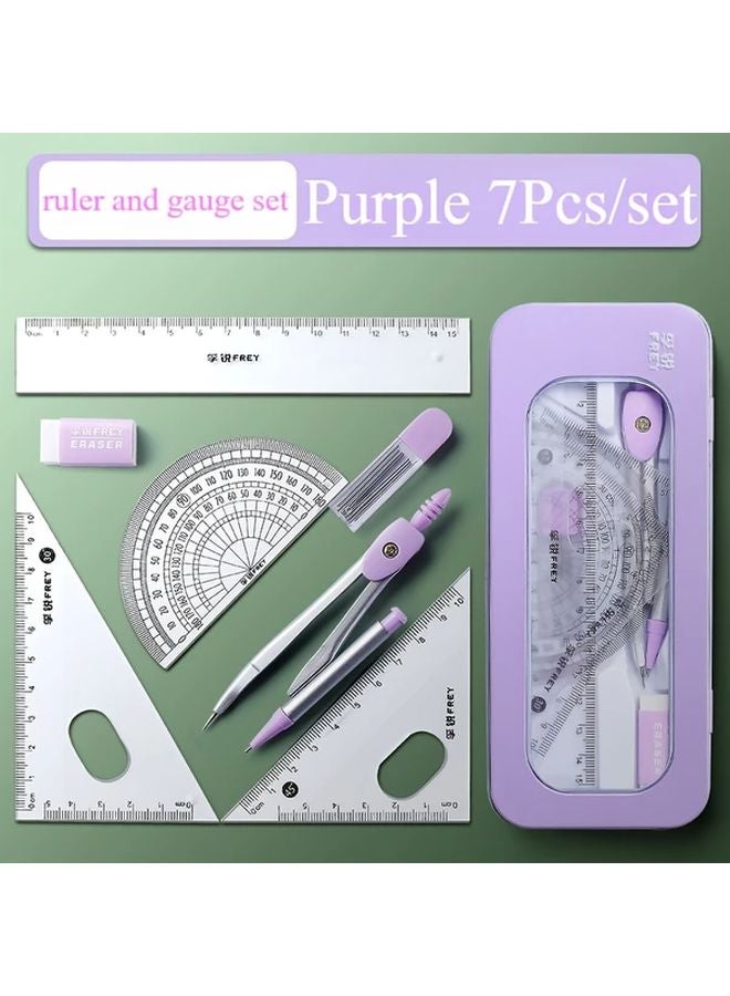 Purple 7 in 1 Drawing Set with Ruler Protractor Compass Pencil Eraser Portable Case - Image 1