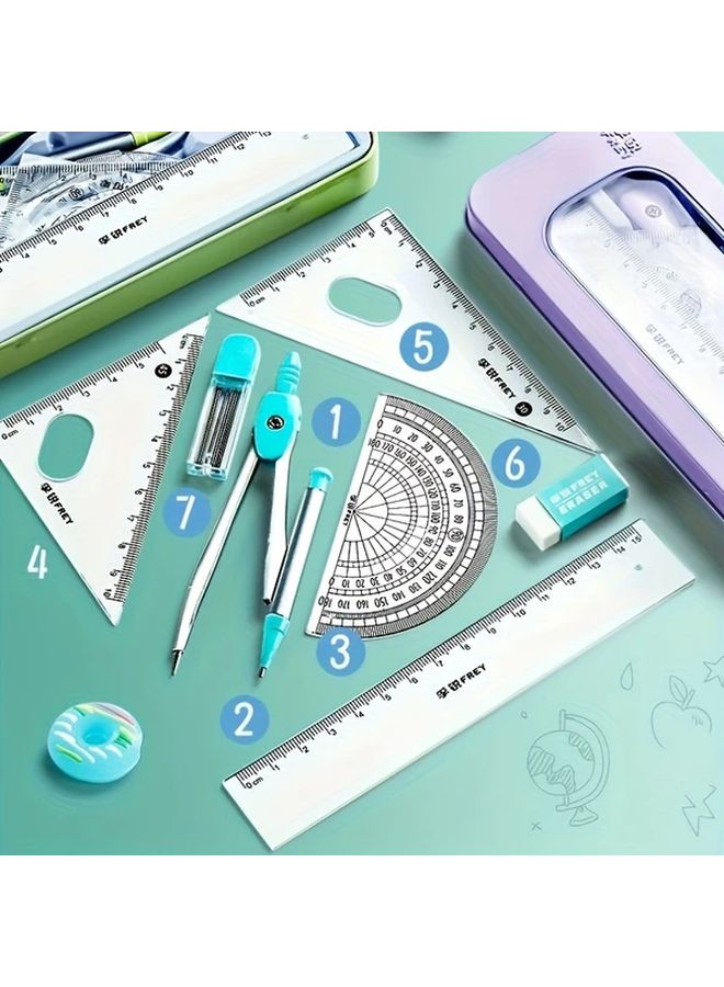 Purple 7 in 1 Drawing Set with Ruler Protractor Compass Pencil Eraser Portable Case - Image 4