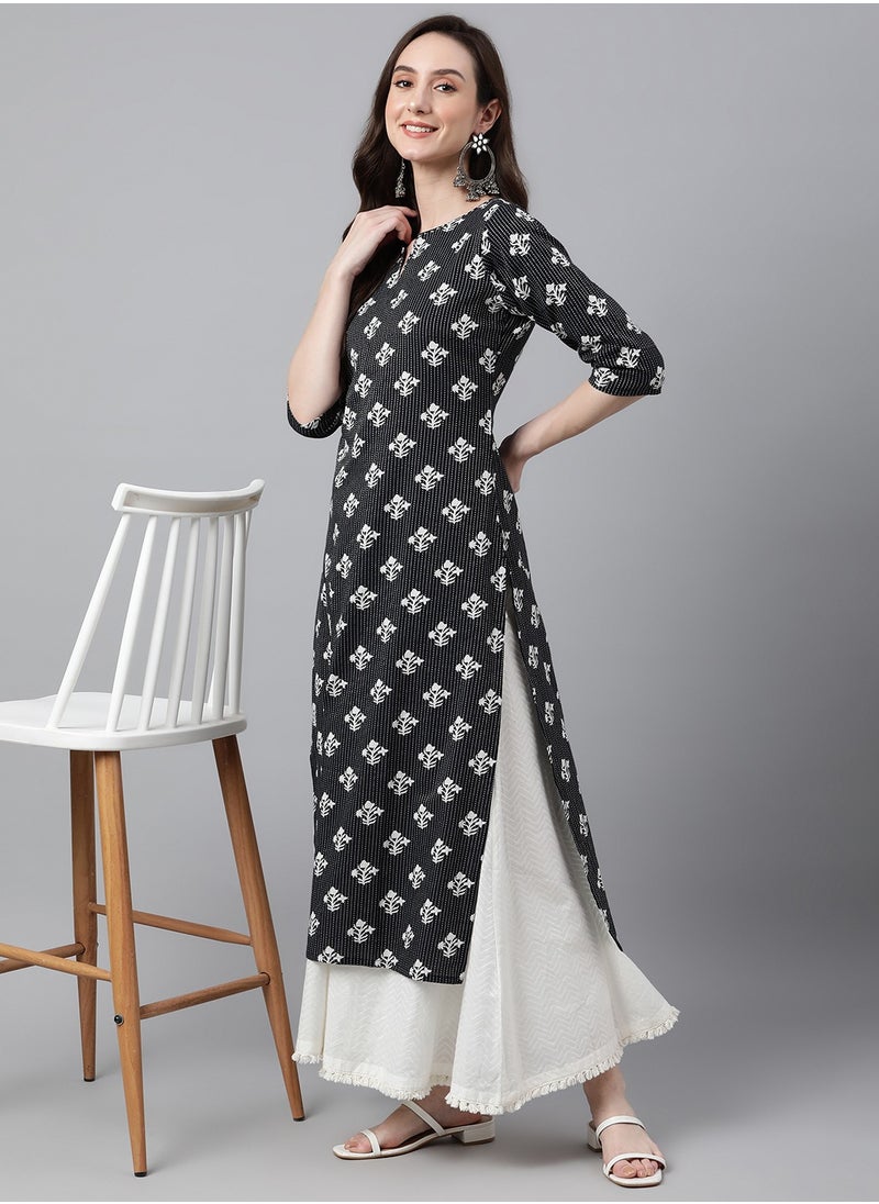 IndHeritage - Indian Kurti - Eid kurti collection - Premium black colour kurti with white Indian prints - Image 1