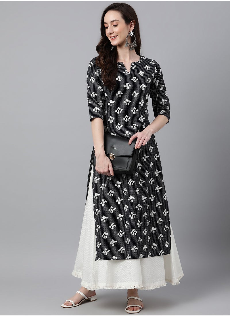 IndHeritage - Indian Kurti - Eid kurti collection - Premium black colour kurti with white Indian prints - Image 1