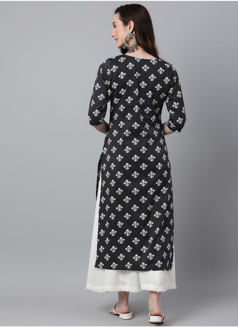 IndHeritage - Indian Kurti - Eid kurti collection - Premium black colour kurti with white Indian prints - Image 1