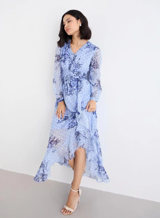 ستايلي Styli Light Blue Floral Maxi Dress with Ruffle Edge