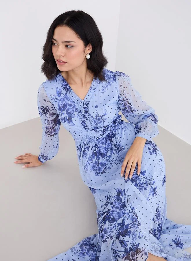 Styli Styli Light Blue Floral Maxi Dress with Ruffle Edge