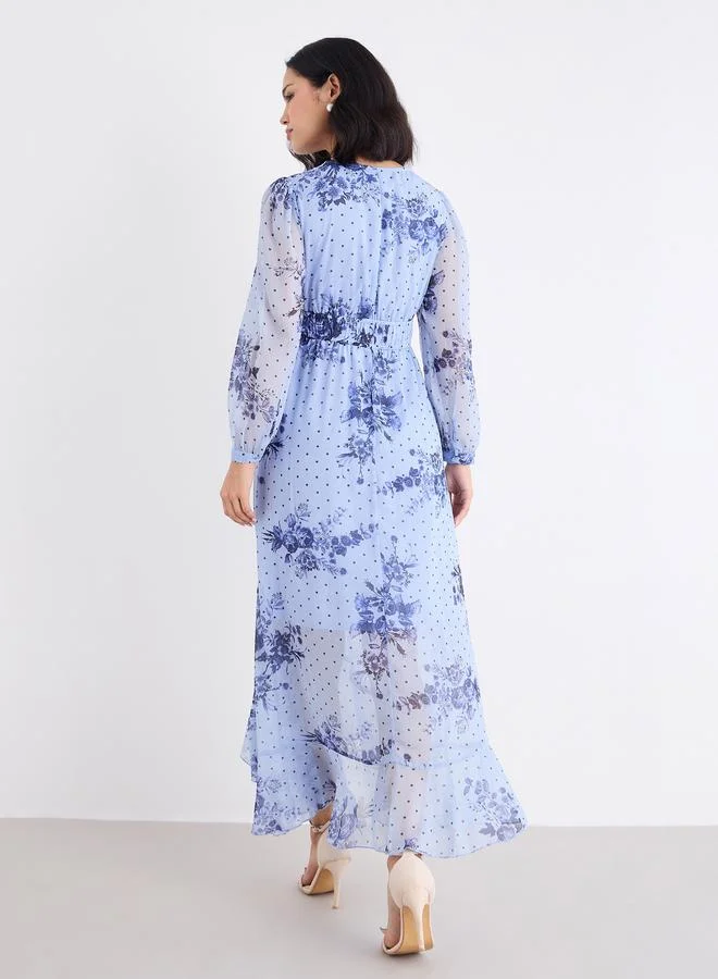 Styli Styli Light Blue Floral Maxi Dress with Ruffle Edge