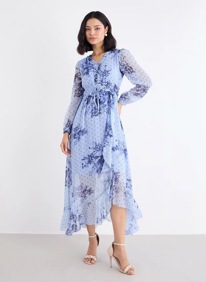 ستايلي Styli Light Blue Floral Maxi Dress with Ruffle Edge