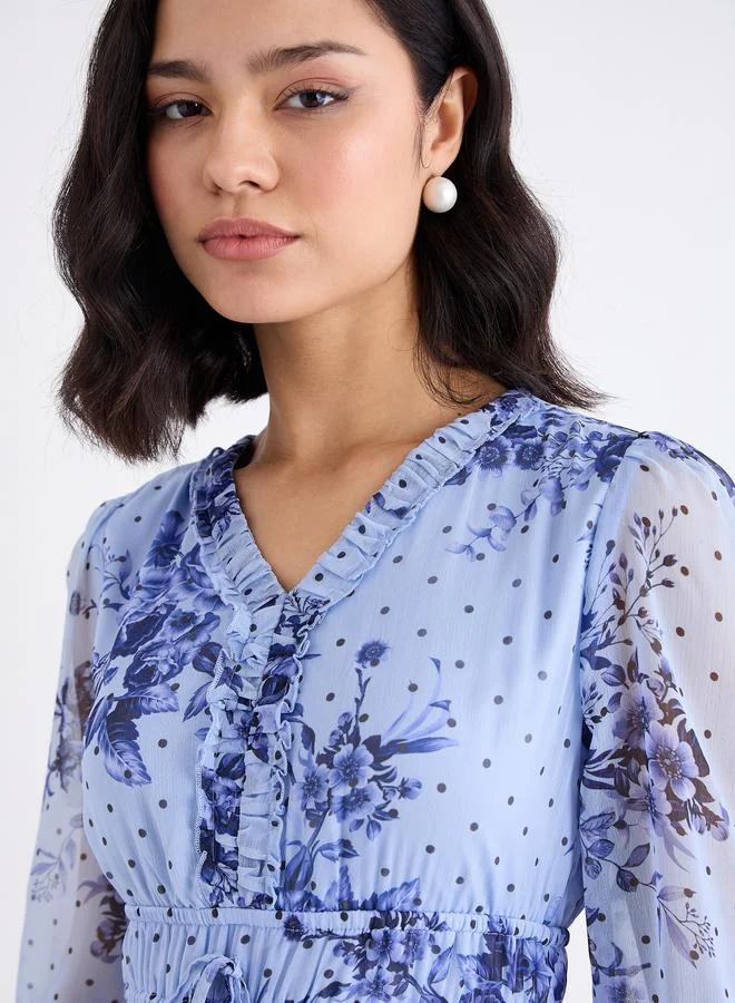 Styli Styli Light Blue Floral Maxi Dress with Ruffle Edge