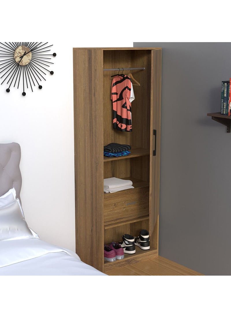 Mahmayi - Mahmayi Modern Single Door Wardrobe with Open Shoe Rack, Drawer and Hanging Rods Efficient Storage Versatile Furniture for Home, Bedroom Cognac Brown Sherman Oak Monotone - Image 1