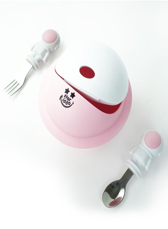 StarKiddo® AstroGrip Silicone Bowl Set: Easy-Grip Feeding Spoon and Fork for Babies & Toddlers| Strong Suction| Microwave and Dishwasher Safe (Pink) - Image 1