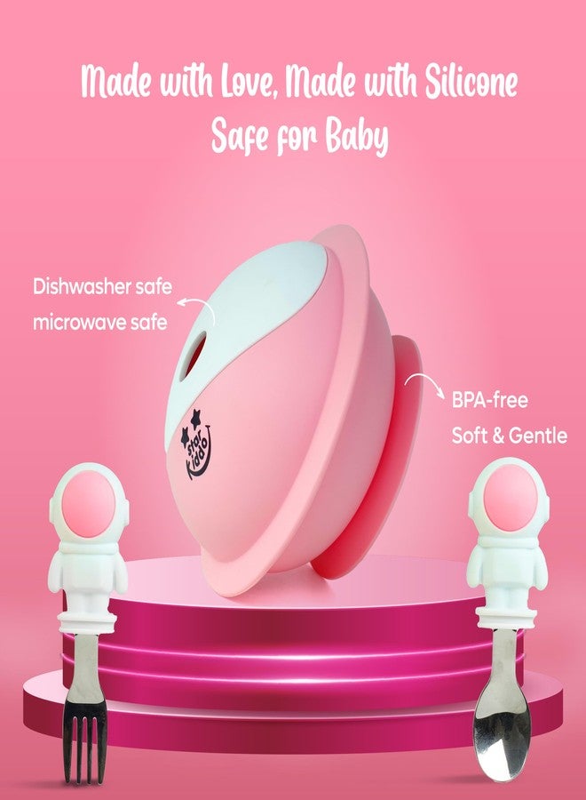 StarKiddo® AstroGrip Silicone Bowl Set: Easy-Grip Feeding Spoon and Fork for Babies & Toddlers| Strong Suction| Microwave and Dishwasher Safe (Pink) - Image 2