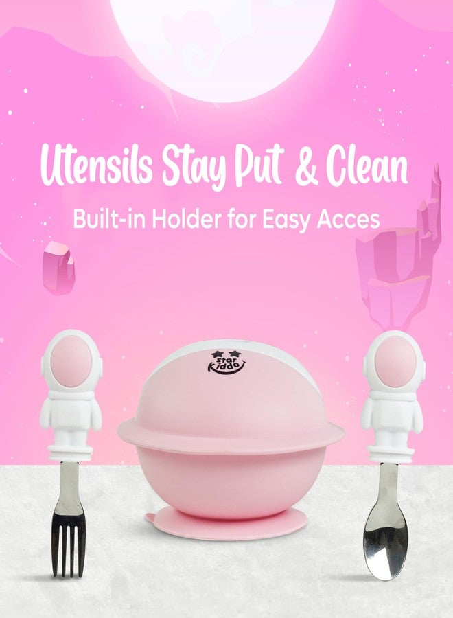 StarKiddo® AstroGrip Silicone Bowl Set: Easy-Grip Feeding Spoon and Fork for Babies & Toddlers| Strong Suction| Microwave and Dishwasher Safe (Pink) - Image 3