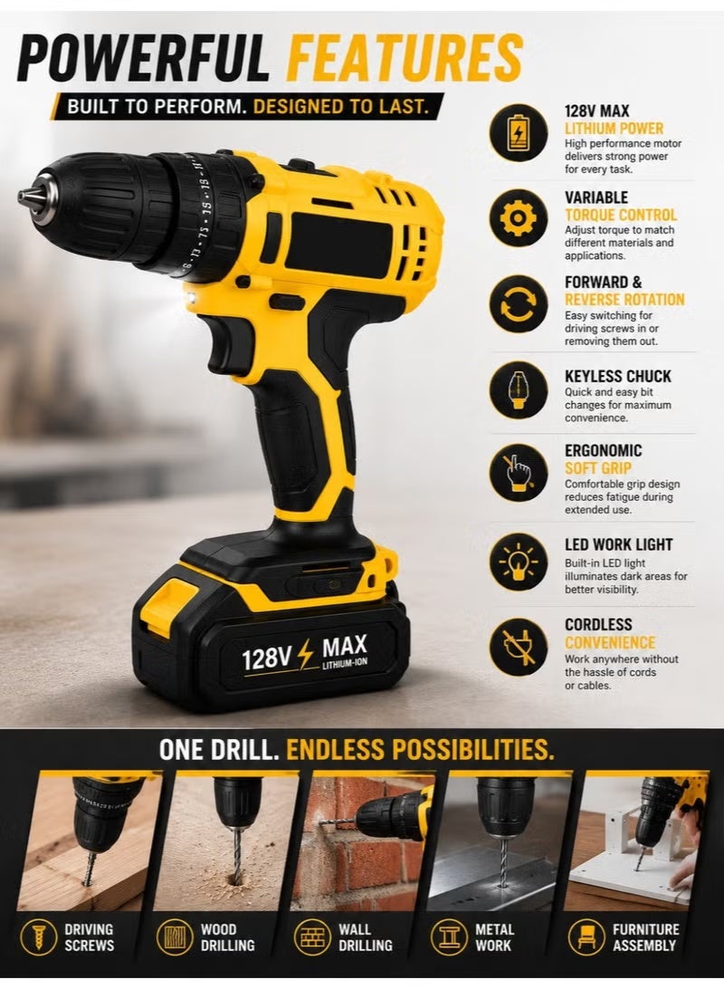ELTRAZONE 128V Max Lithium-Ion Cordless Drill Driver Kit with Hammer & Drill Modes, 2 Batteries - Image 4
