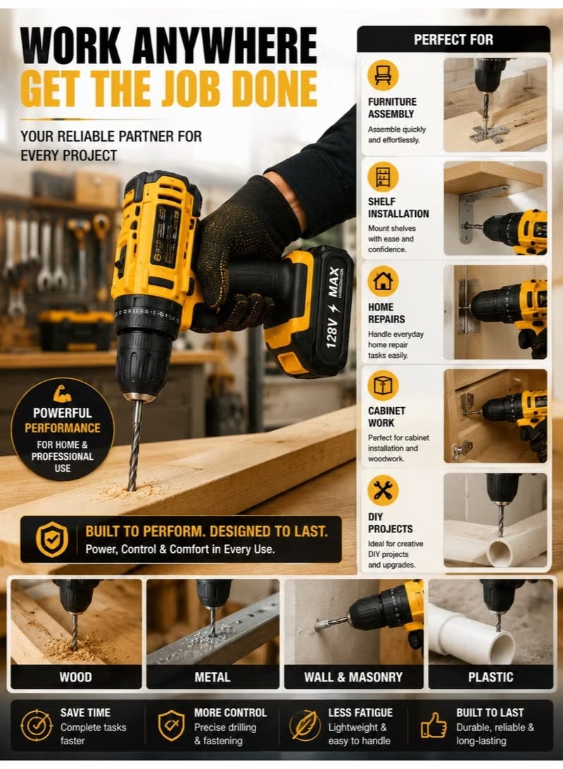 ELTRAZONE 128V Max Lithium-Ion Cordless Drill Driver Kit with Hammer & Drill Modes, 2 Batteries - Image 5