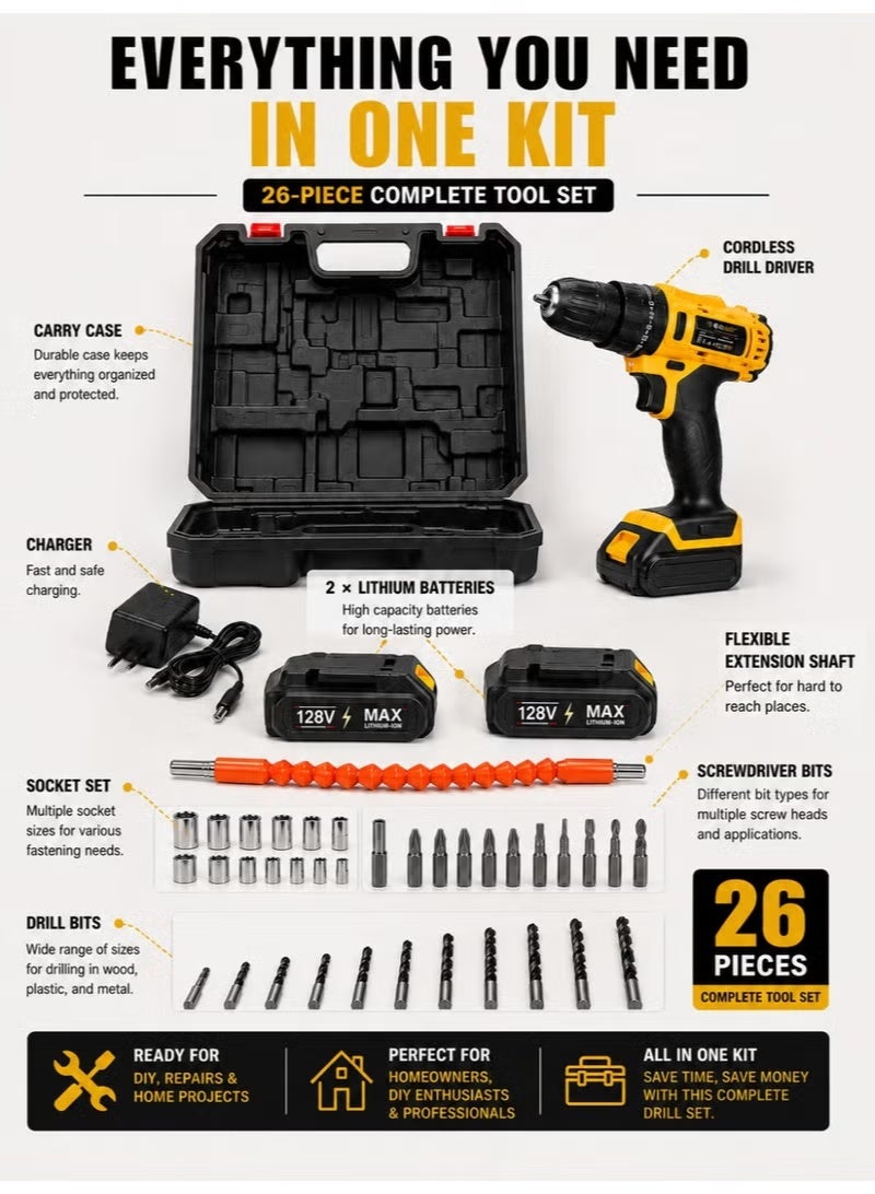 ELTRAZONE 128V Max Lithium-Ion Cordless Drill Driver Kit with Hammer & Drill Modes, 2 Batteries - Image 2