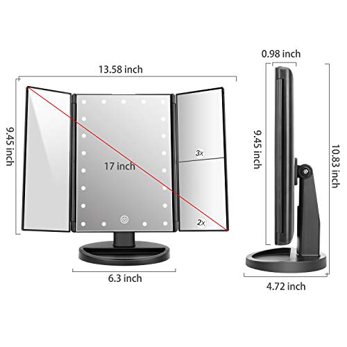 deweisn Tabletop Mount Trifold Lighted Vanity Mirror with 21 LED Lights, Touch Screen and 3X/2X/1X Magnification, Two Power Supply Mode Make up Mirror,Travel Mirror - Image 3