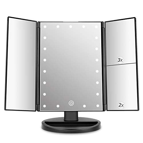 deweisn Tabletop Mount Trifold Lighted Vanity Mirror with 21 LED Lights, Touch Screen and 3X/2X/1X Magnification, Two Power Supply Mode Make up Mirror,Travel Mirror - Image 1
