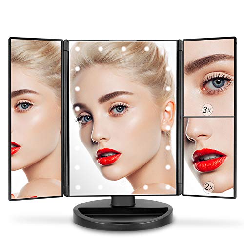 deweisn Tabletop Mount Trifold Lighted Vanity Mirror with 21 LED Lights, Touch Screen and 3X/2X/1X Magnification, Two Power Supply Mode Make up Mirror,Travel Mirror - Image 5