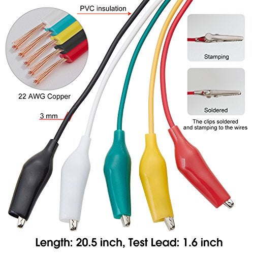 WGGE WG-026 10 Pieces and 5 Colors Test Lead Set & Alligator Clips,20.5 inches / 22 AWG Wire (5 Pack) - Image 3