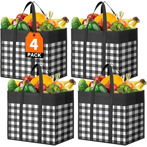 WOWBOX WOWBOX Reusable Grocery Bags4Pack Foldable Reusable Shopping Tote Bags bulk with Reinforced HandlesLarge Storage Bags with Water Resistant Coating for GroceriesMultipurposeBlackWhite 