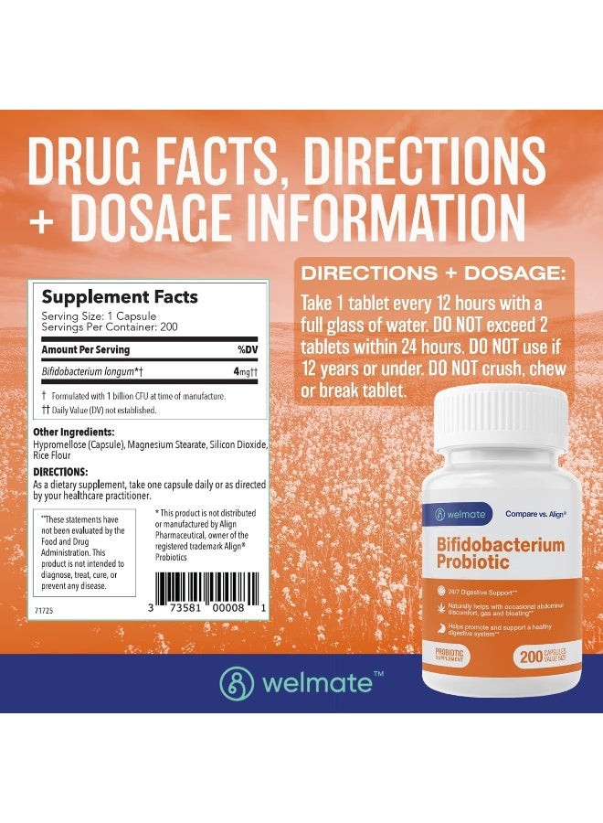 WELMATE Bifidobacterium | Probiotic Supplement | Supports Gut Health | Immune Support | Digestive Enzymes | Gluten Free | Vegan | Men & Womens Probiotic | Value Size | 200 Count - Image 5