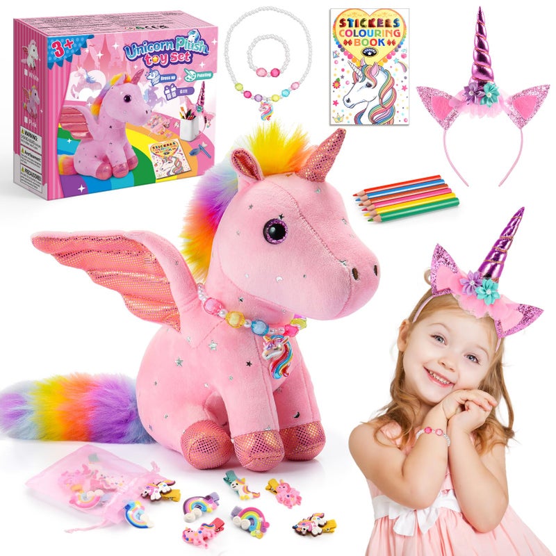 Toyze 22Piece Unicorn Gift Set for Girls Ages 38 Pink Stuffed Animal Plush Toy with Jewelry Kit DIY Coloring Book Hair Accessories Birthday Party Favors for Kids Toddler Girls Toys - Image 3