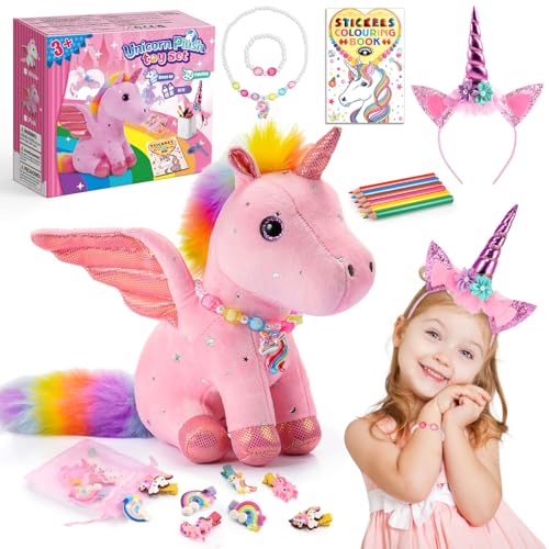 Toyze 22Piece Unicorn Gift Set for Girls Ages 38 Pink Stuffed Animal Plush Toy with Jewelry Kit DIY Coloring Book Hair Accessories Birthday Party Favors for Kids Toddler Girls Toys - Image 1