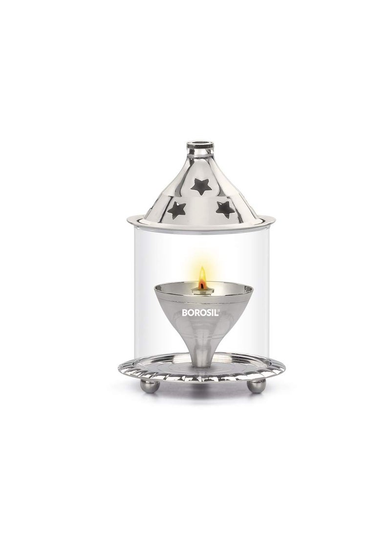 BOROSIL Borosil Small Size Akhand Diya Decorative Nickel Glass Oil Lamp Tea Light Holder Diya with Borosilicate Glass Puja Dia for Mandir Lantern Diya with Glass Cover Nickel Diya  - Image 2