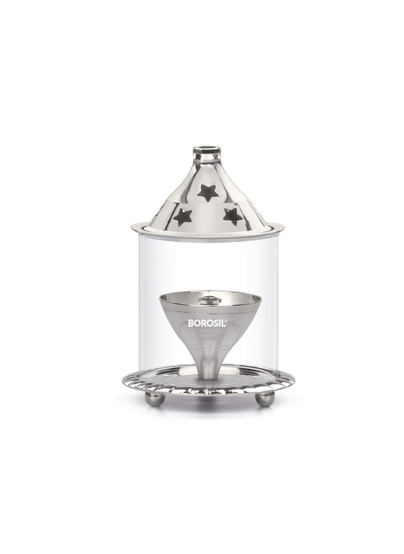 BOROSIL Borosil Small Size Akhand Diya Decorative Nickel Glass Oil Lamp Tea Light Holder Diya with Borosilicate Glass Puja Dia for Mandir Lantern Diya with Glass Cover Nickel Diya  - Image 3