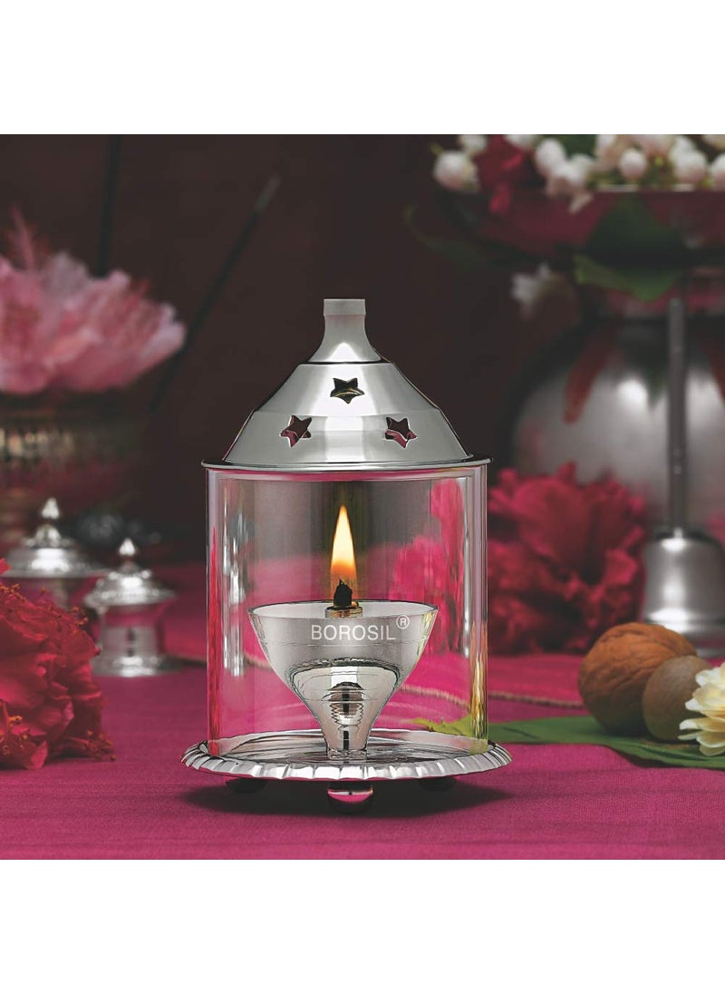 BOROSIL Borosil Small Size Akhand Diya Decorative Nickel Glass Oil Lamp Tea Light Holder Diya with Borosilicate Glass Puja Dia for Mandir Lantern Diya with Glass Cover Nickel Diya  - Image 1