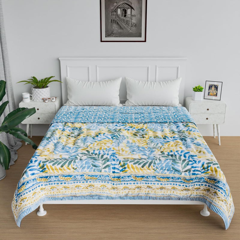 Kuber Industries Razai | Cotton Single Bed Blanket Rajai | Bedspread Quilt Set | Blanket for winter | Blanket for Bed | Bedding Comforter | Leaf Mul Mul Razai | Blue - Image 2