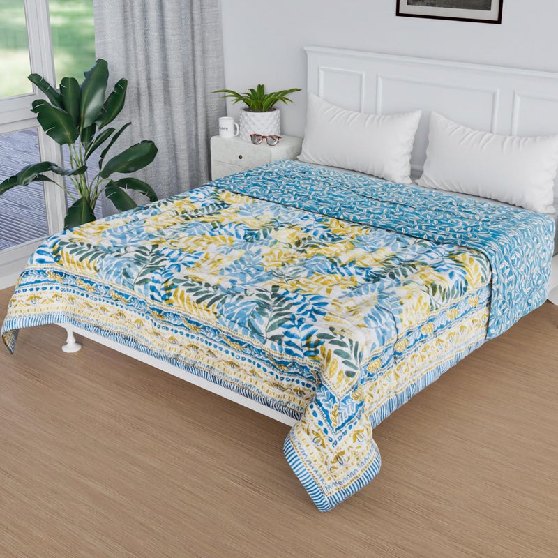 Kuber Industries Razai | Cotton Single Bed Blanket Rajai | Bedspread Quilt Set | Blanket for winter | Blanket for Bed | Bedding Comforter | Leaf Mul Mul Razai | Blue - Image 1