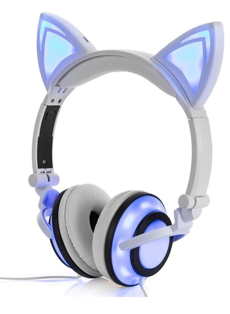 Captaintech Stereo Headphones, Cat Headphones Foldable Size Adjustable Earphones with Flashing LED Lights for Kids Teens Adults, Compatible for iPad Tablet PC Computer Mobile Phone MP3 White - Image 1
