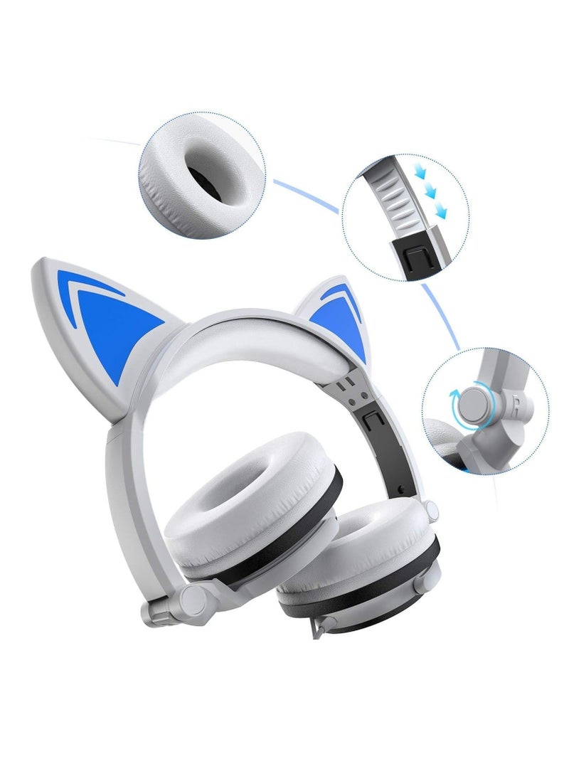 Captaintech Stereo Headphones, Cat Headphones Foldable Size Adjustable Earphones with Flashing LED Lights for Kids Teens Adults, Compatible for iPad Tablet PC Computer Mobile Phone MP3 White - Image 3