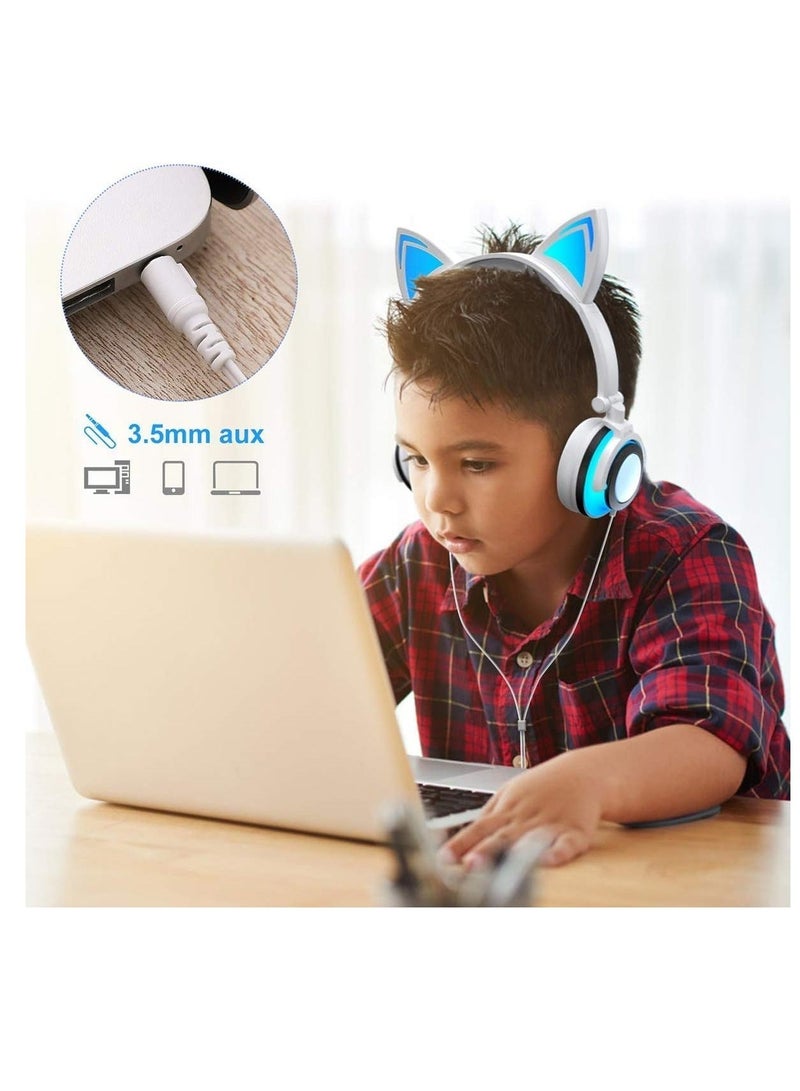 Captaintech Stereo Headphones, Cat Headphones Foldable Size Adjustable Earphones with Flashing LED Lights for Kids Teens Adults, Compatible for iPad Tablet PC Computer Mobile Phone MP3 White - Image 4