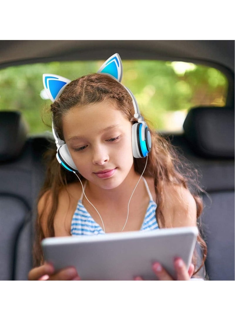 Captaintech Stereo Headphones, Cat Headphones Foldable Size Adjustable Earphones with Flashing LED Lights for Kids Teens Adults, Compatible for iPad Tablet PC Computer Mobile Phone MP3 White - Image 5