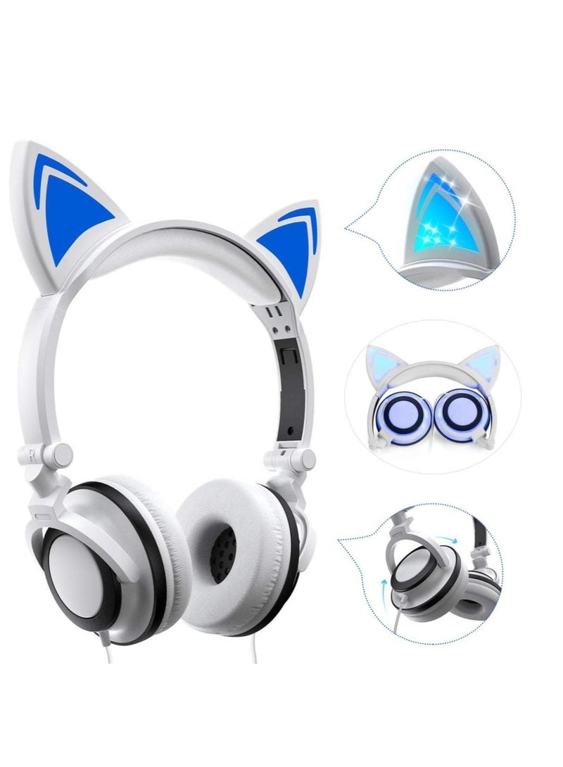 Captaintech Stereo Headphones, Cat Headphones Foldable Size Adjustable Earphones with Flashing LED Lights for Kids Teens Adults, Compatible for iPad Tablet PC Computer Mobile Phone MP3 White - Image 2