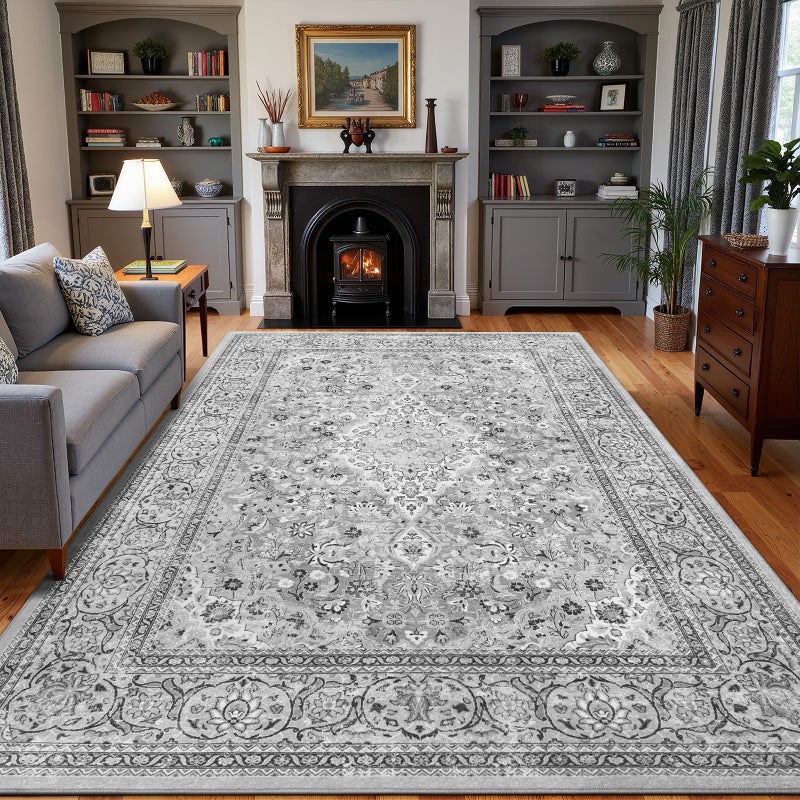 Flagover 5x7 Grey Washable Boho Area Rug for Bedroom Vintage Floral Non Slip Living Room Rugs Soft Low Pile Indoor Mat Aesthetic Pattern Carpet for Kitchen and Dining Room