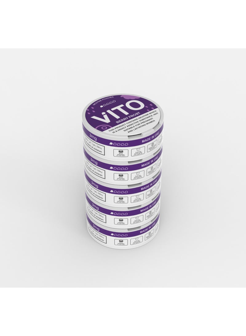 VITO Berry Frost Nicotine Pouches 3mg | Fresh Berry & Cooling Flavor | Tobacco-Free | 5 Cans, 20 Pouches Per Can - Image 2