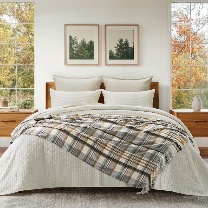 EverGrace Plaid Chenille Throw Blanket for Couch, Super Soft Cozy Decorative Farmhouse Plaid Throw with Tassels, Lightweight Chenille Knit Throw for Bed Sofa Gift Home Decor, Grey & Beige 50"x60" - Image 5